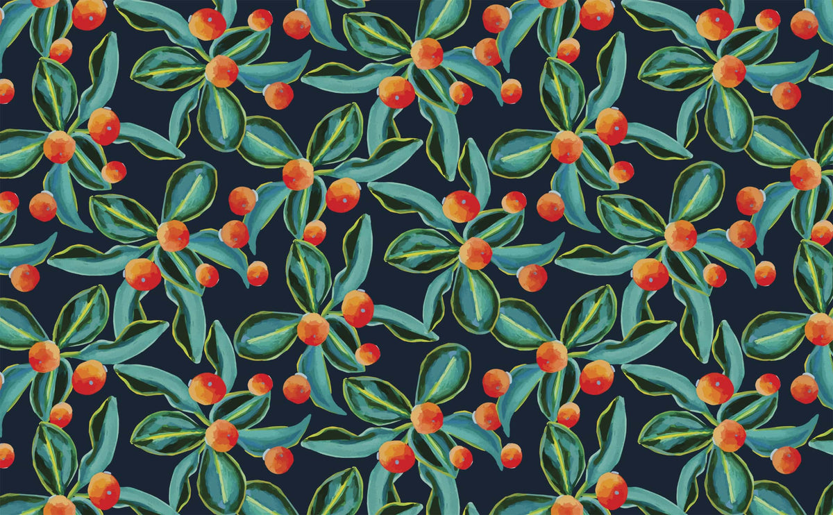 Light and dark toned oranges with green leaves and deep navy background