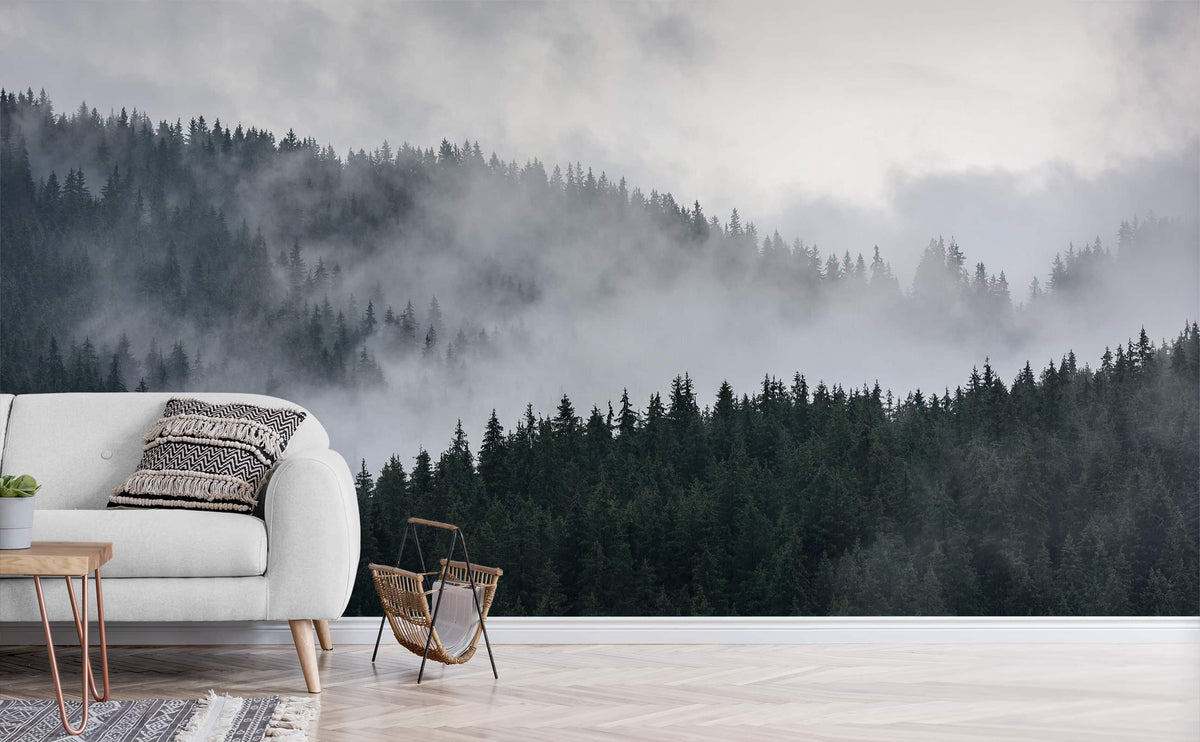 Wall Mural Misty glade - landscape of a calm beige forest with trees and a  lake - Landscapes - Wall Murals