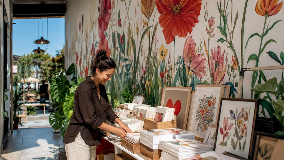 Retail store interior with nature mural and manager