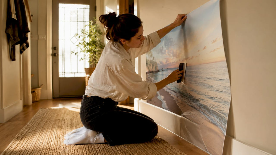 Woman installing peel-and-stick forest mural in hallway