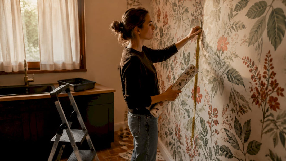 Woman checking wallpaper on accent wall