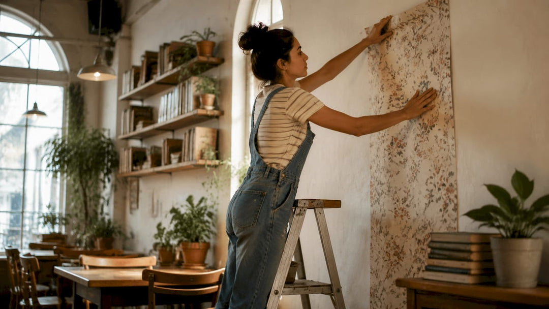 Woman applying removable wallpaper on rental wall