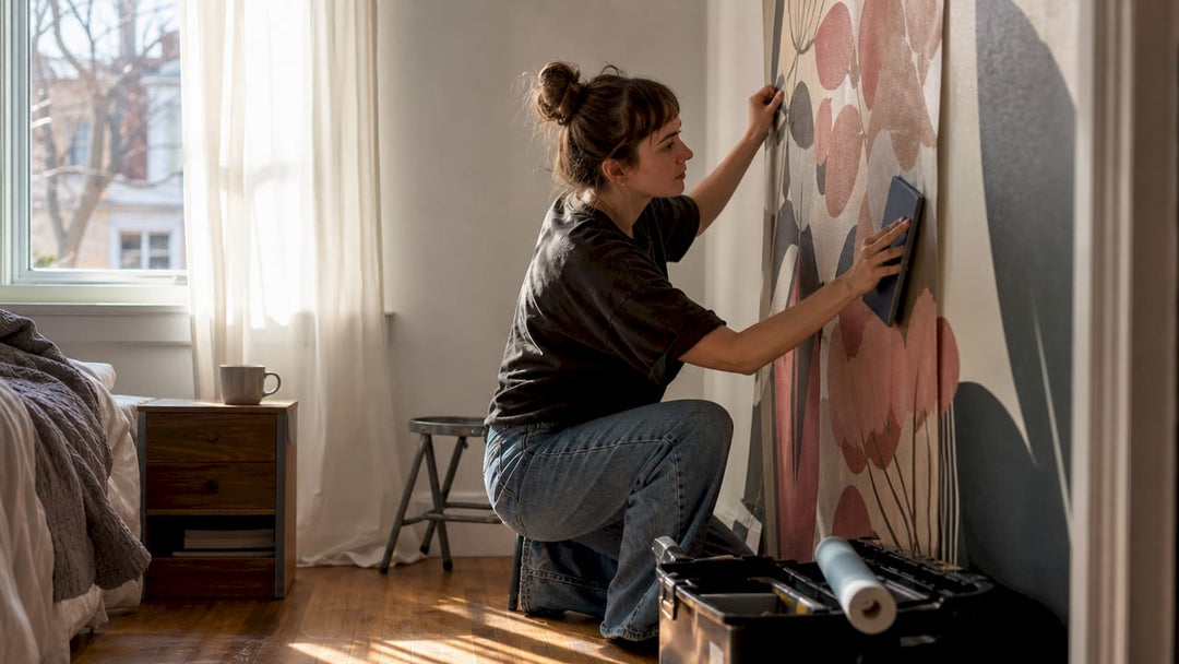 Woman applying custom peel and stick wallpaper mural