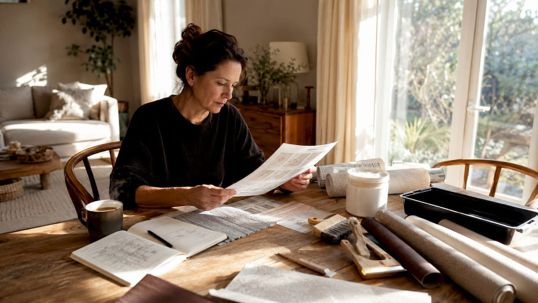 Woman reviewing wallpaper adhesive instructions at home