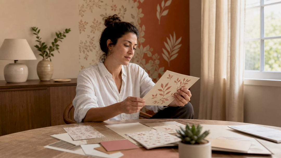 Woman comparing wallpaper and wall decals at home