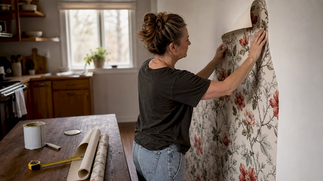 Woman applying botanical wallpaper in living room