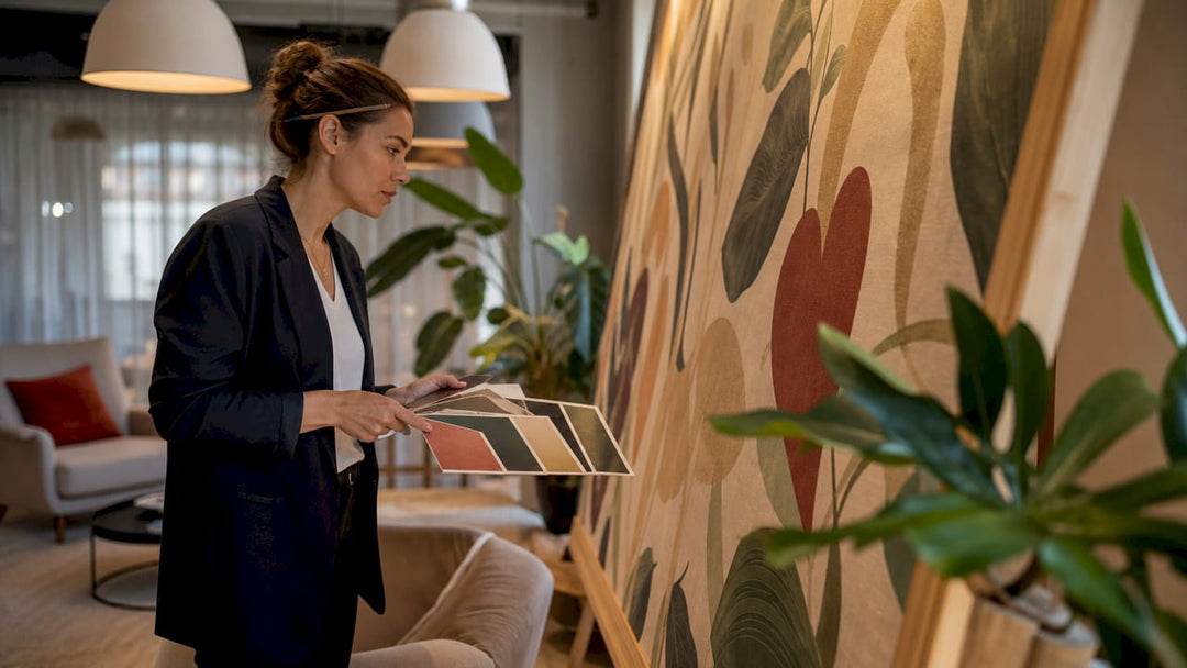 Designer reviewing office wall mural sample