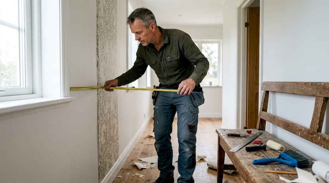Man measuring wall with wallpaper tools