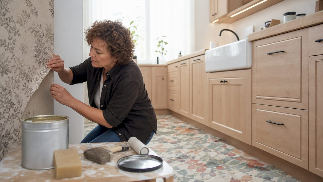 Woman peeling wallpaper from wall
