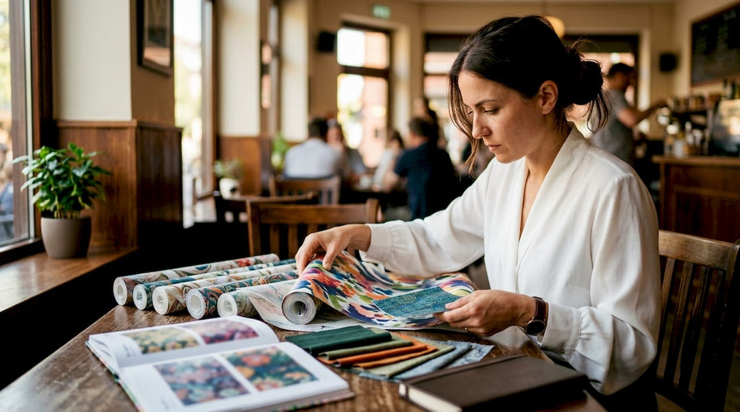 Interior designer comparing custom wallpaper samples