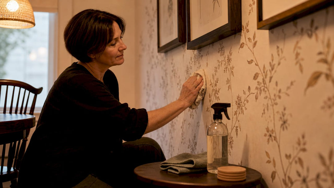 Woman cleaning wallpaper in living room