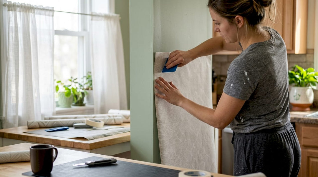 Woman applying peel-and-stick wallpaper on smooth wall