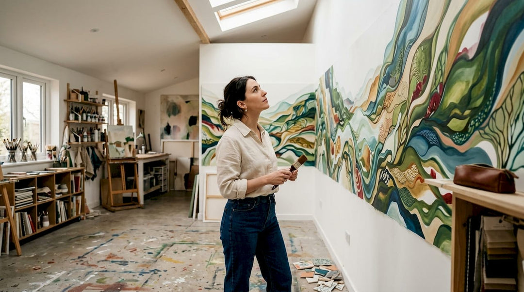 Designer inspecting panoramic mural in living room