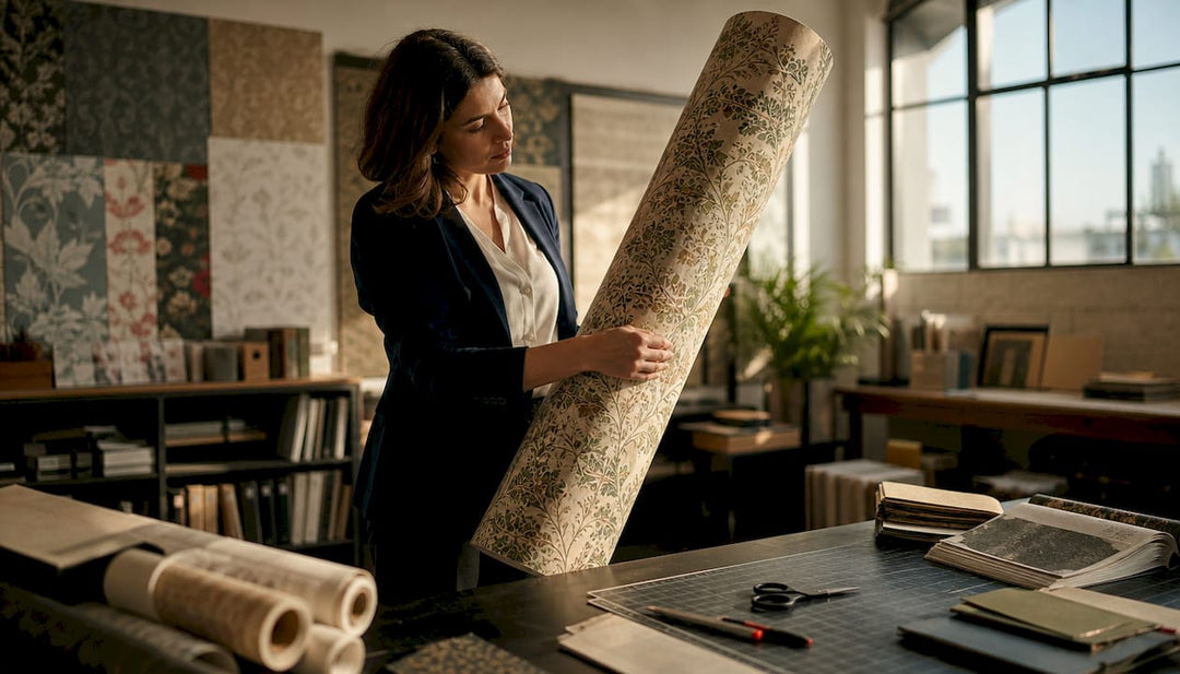 Designer examining commercial wallpaper sample