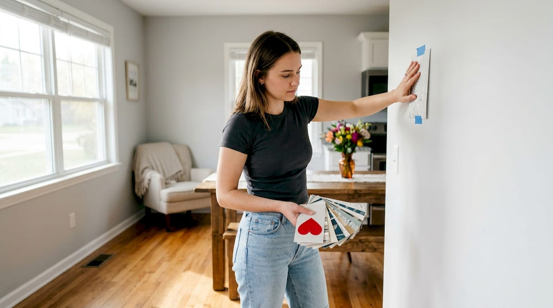 Woman applying wallpaper sample on wall