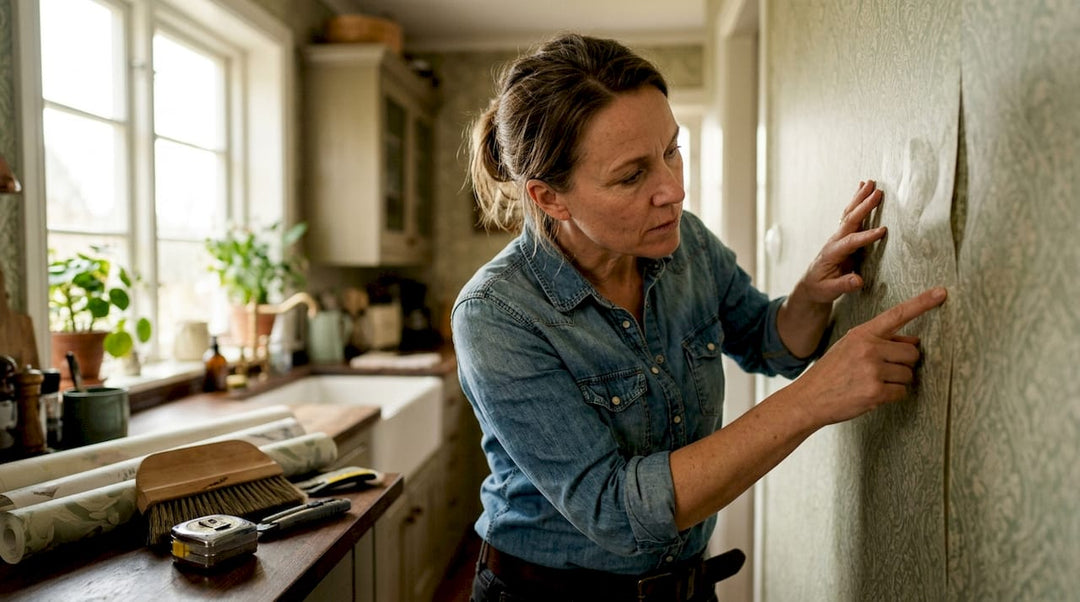 Decorator inspecting wall with wallpaper flaws