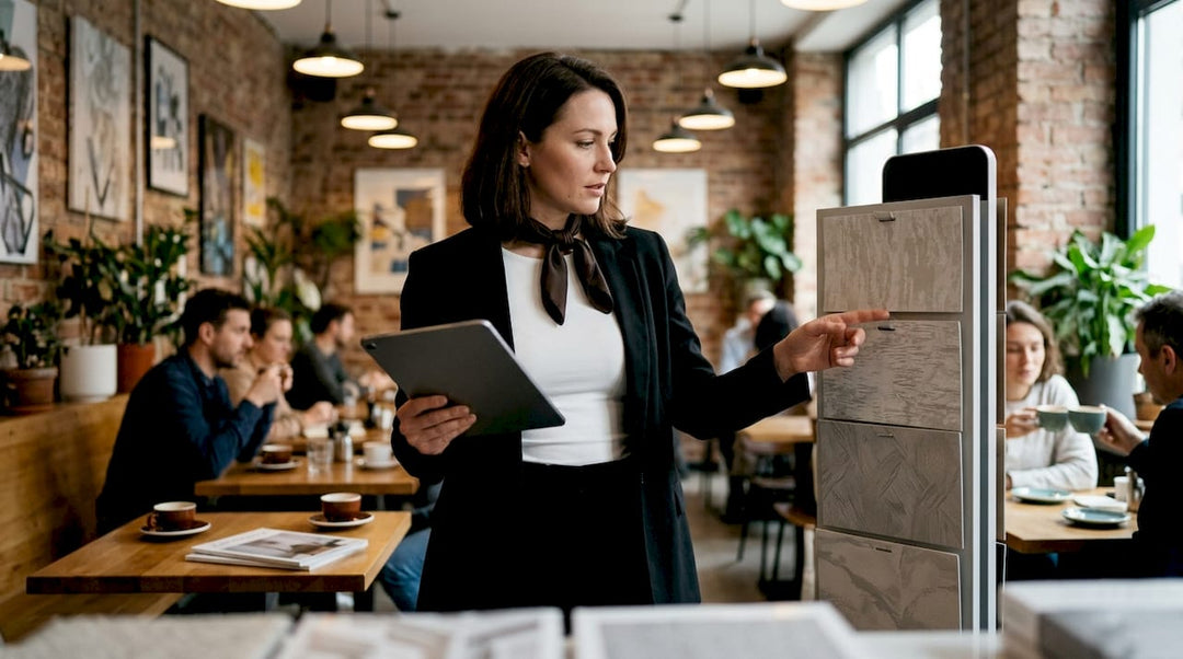 Interior designer reviewing architectural wallcovering samples