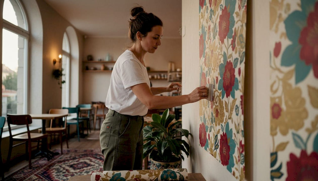 Small business owner installing floral wallpaper