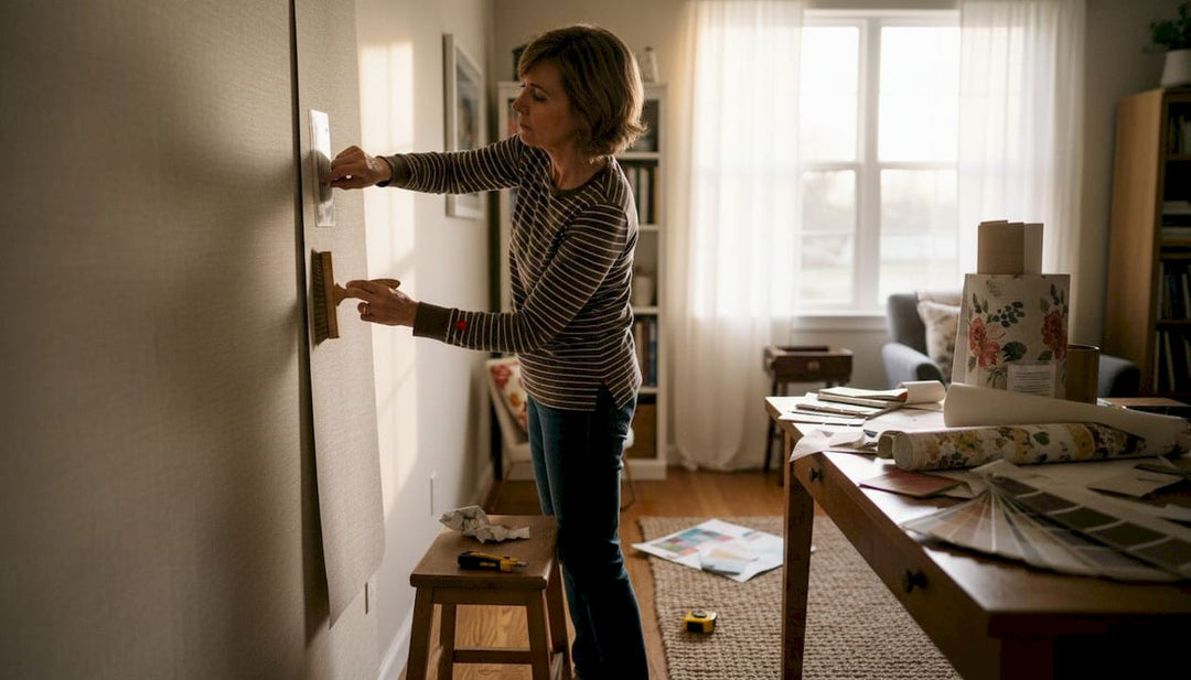 Woman applying faux finish wallpaper base layer in living room.