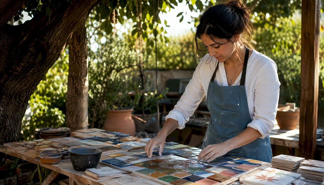 Artist selecting ceramic tiles in studio