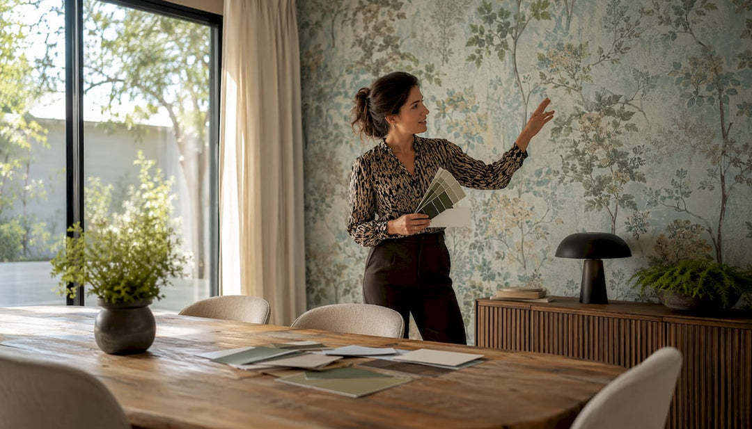 Interior designer evaluating warm wallpaper in living room