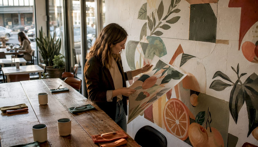Interior designer reviewing custom restaurant mural