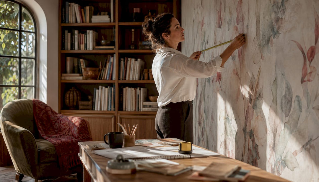 Interior designer measuring watercolor wallpaper wall