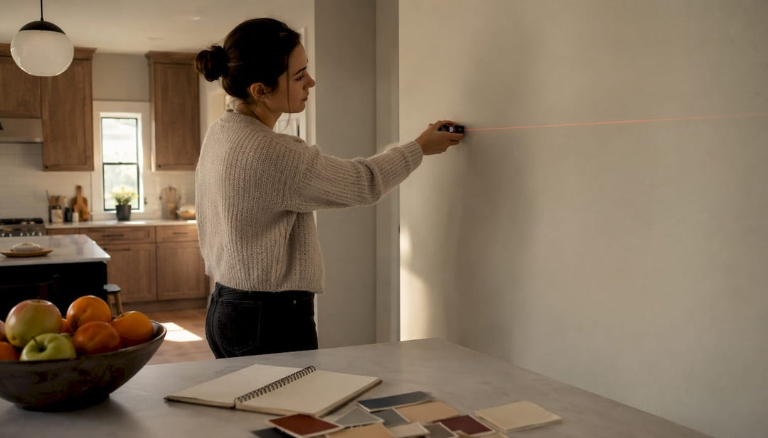 Designer measuring large wall in living room