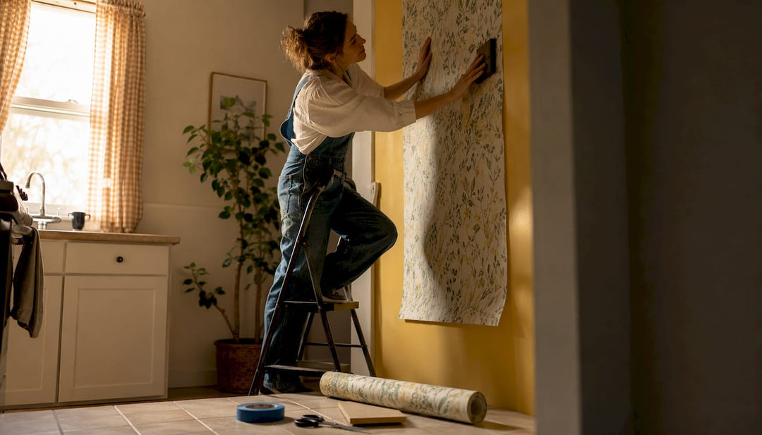 Woman applying peel-and-stick wallpaper