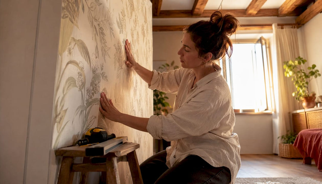 Renter applying peel-and-stick wallpaper on wall