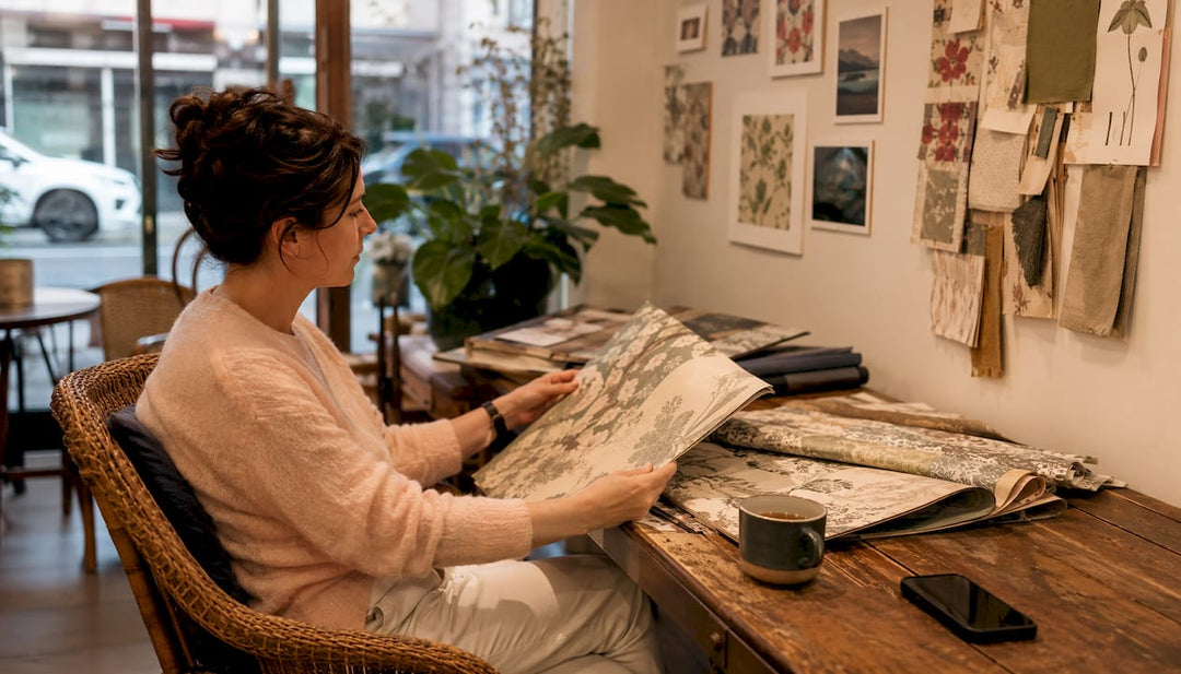 Interior designer reviewing wallpaper samples in living room