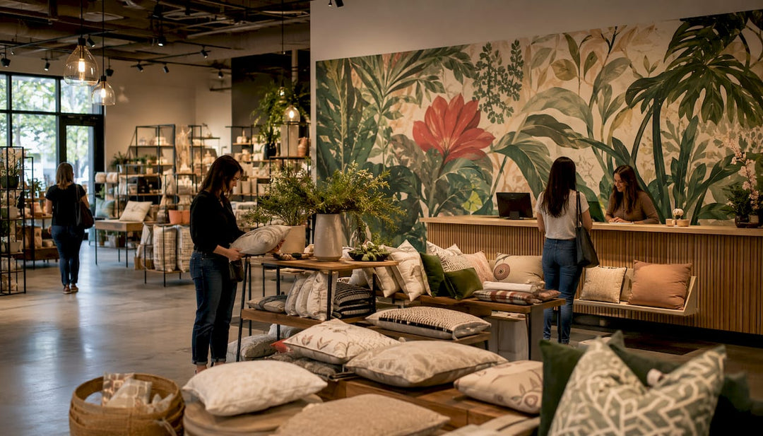 Retail store interior with custom wallpaper mural