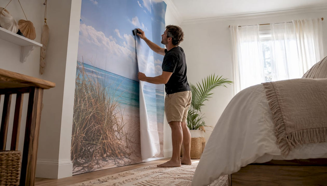 Designer installing beach mural wallpaper
