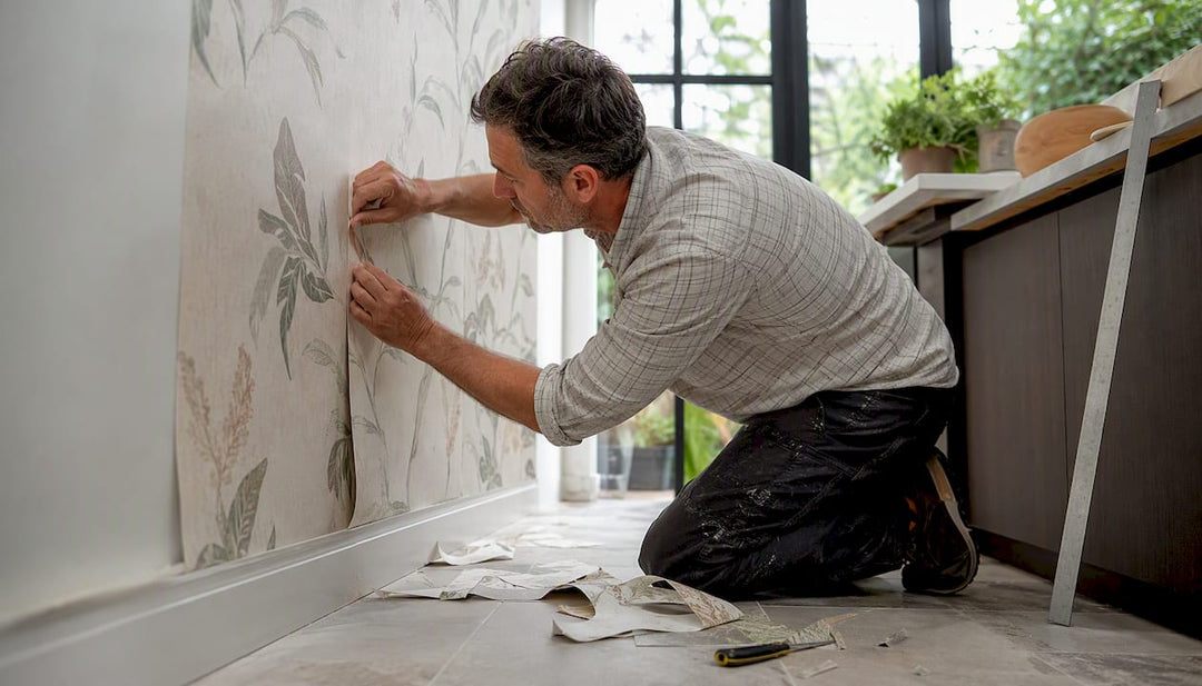 Installer performing wallpaper double-cut overlap technique