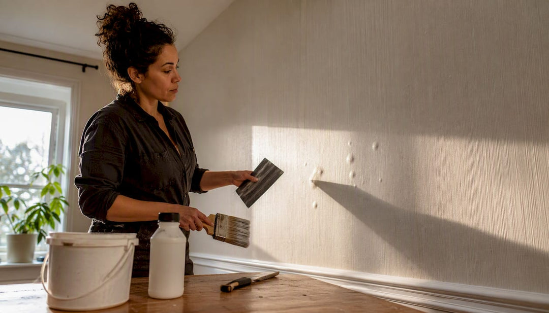 Woman preparing wallpaper repair in living room