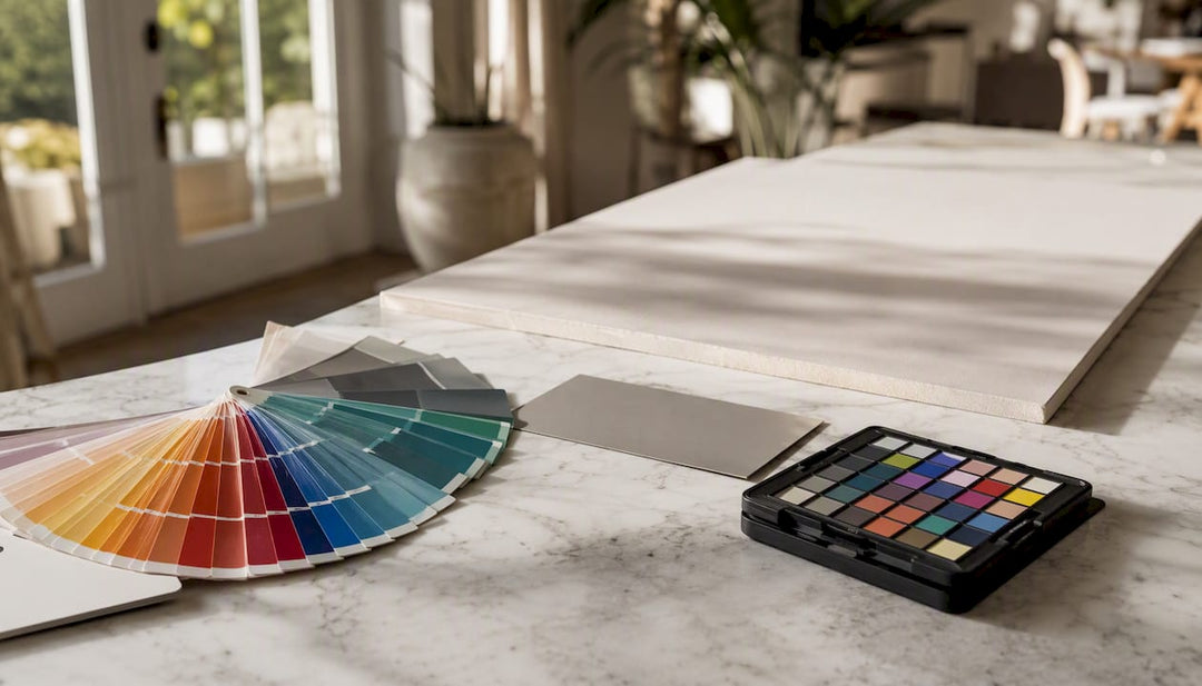 Paint swatches and color checker on table