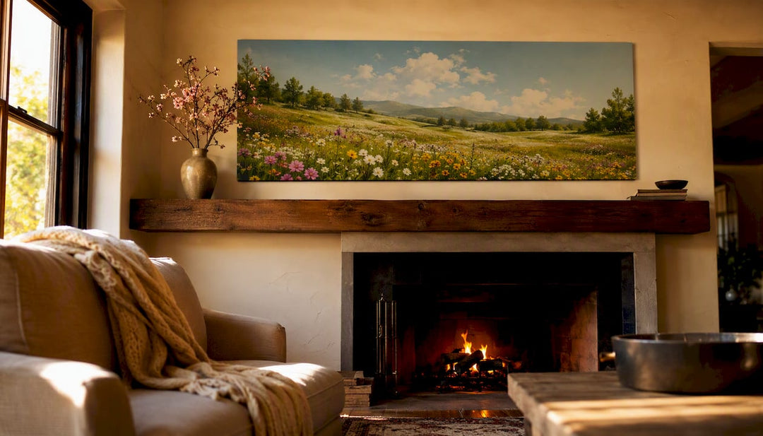 Scenic mural placed above fireplace mantel