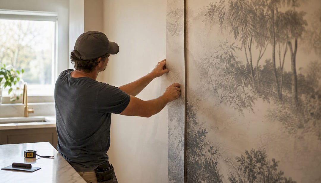 Hands aligning mural panel with overlap