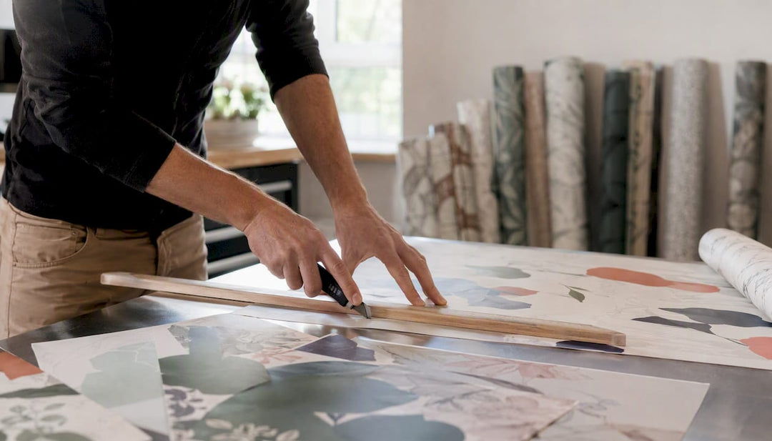 Hands measuring eco-friendly wallpaper
