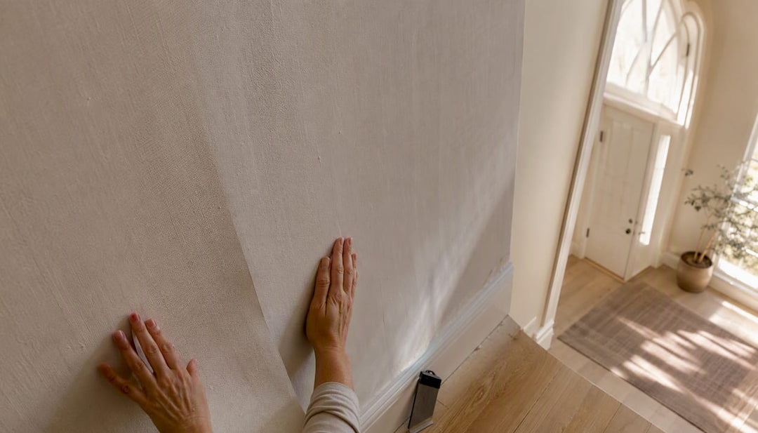 Hands smoothing non-woven wallpaper on wall