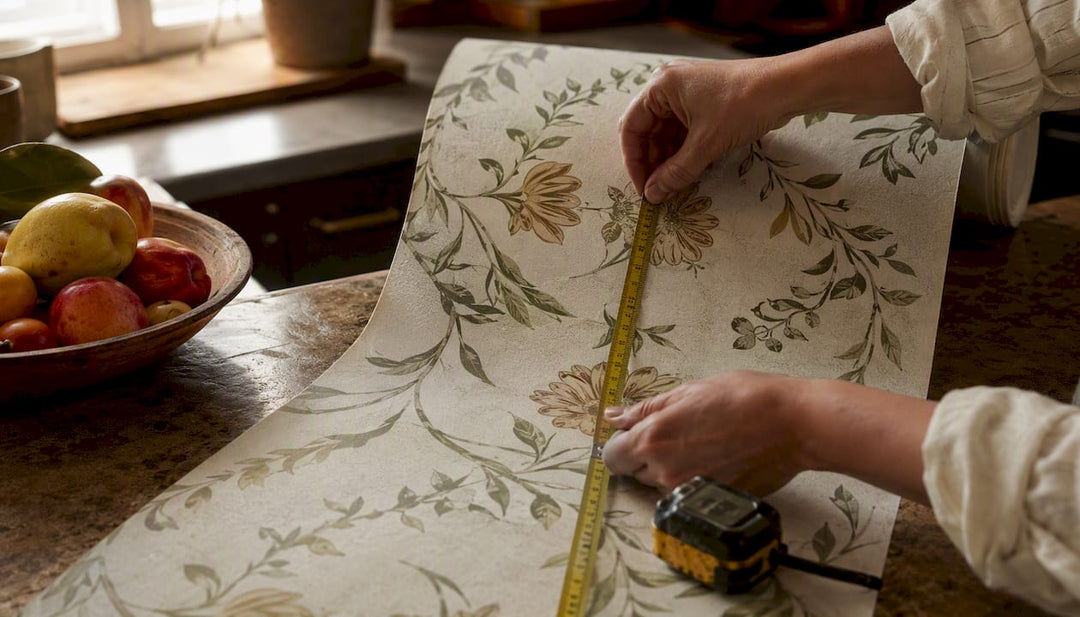 Hands measuring wallpaper pattern repeat