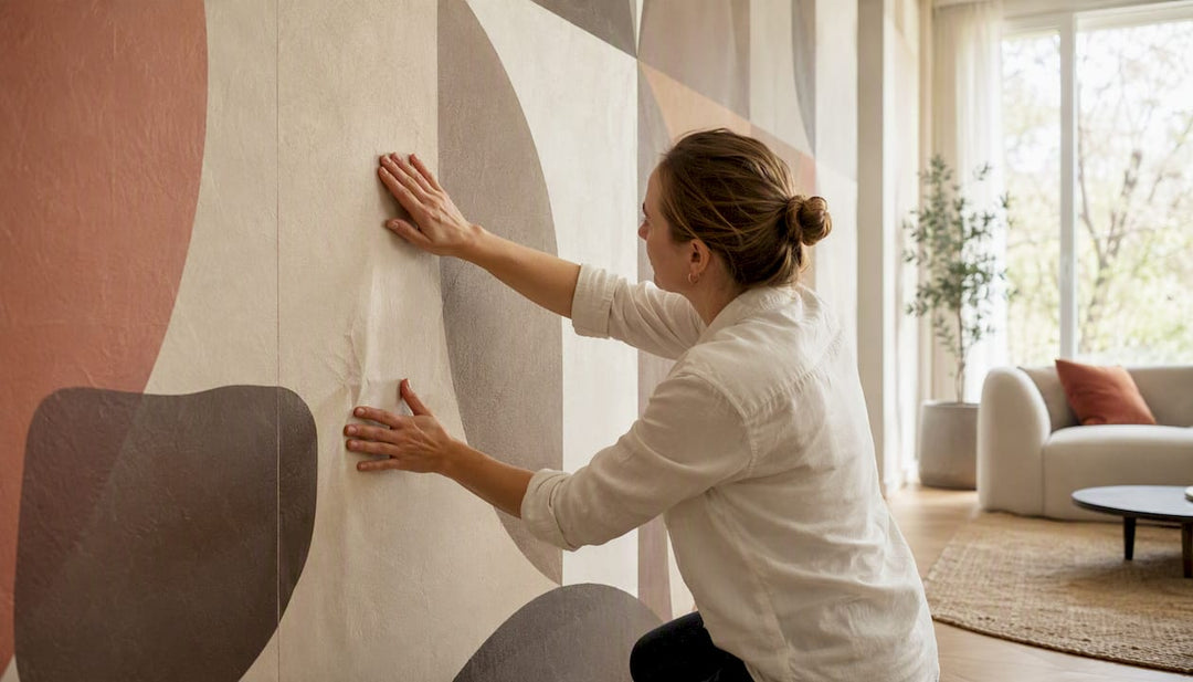Hands installing artist-designed wallpaper mural