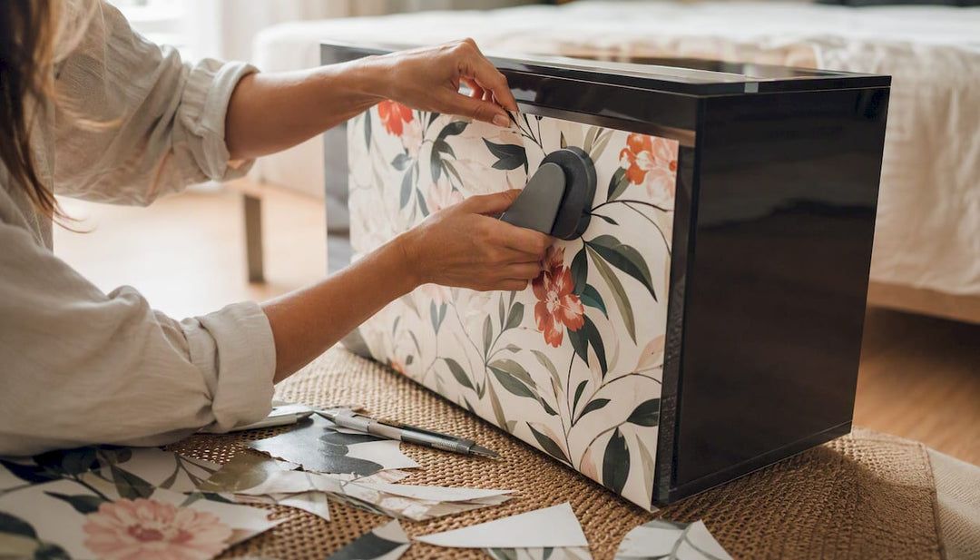 Hands applying wallpaper to drawer front