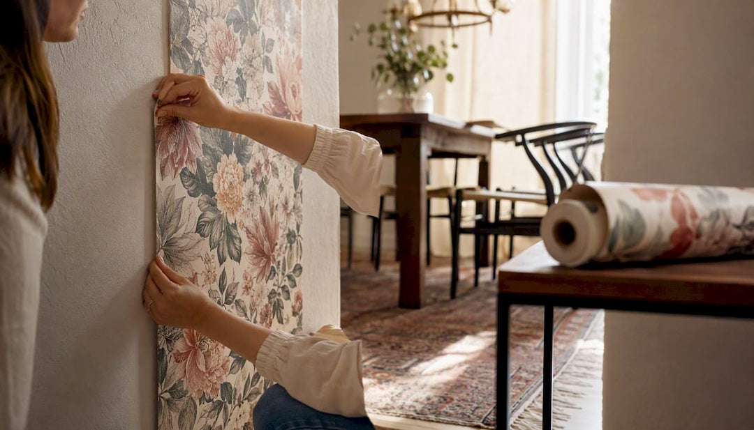 Hands smoothing wallpaper in dining room