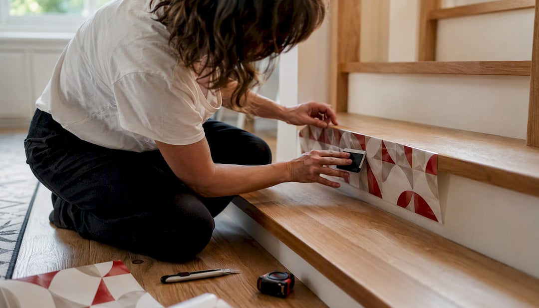 Hands installing wallpaper on stair riser