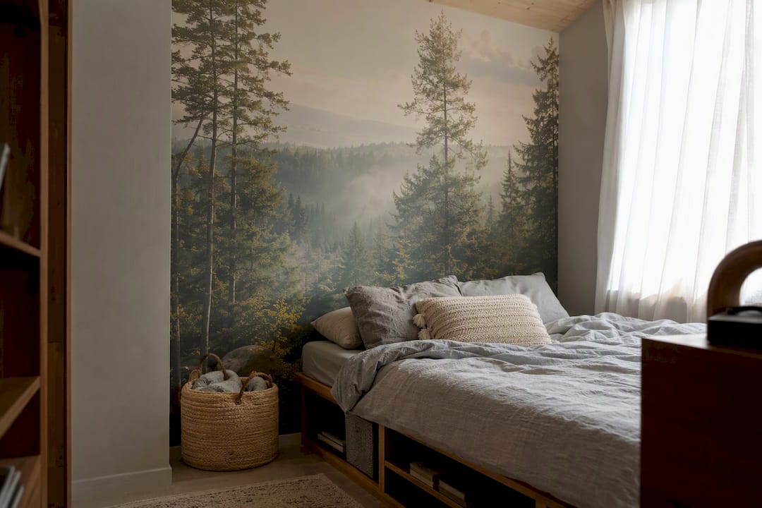 Teen bedroom with scenic mountain mural wallpaper