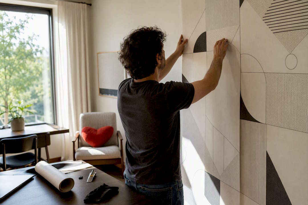 Hands installing oversized botanical wall mural