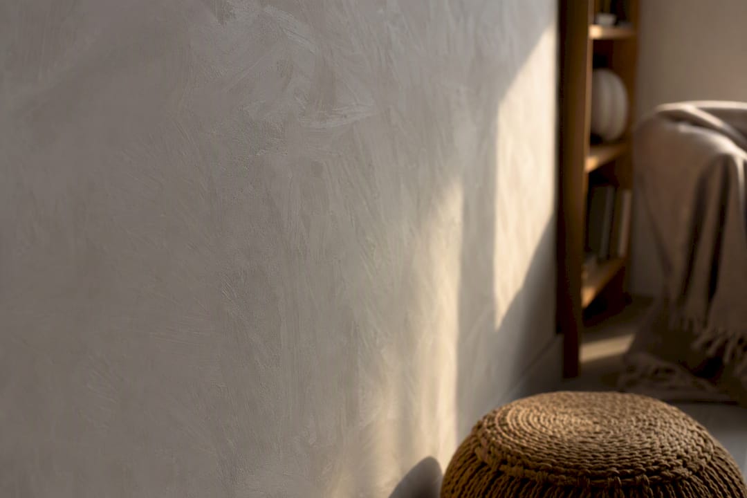 Close-up textured limewash wallpaper on warm clay wall