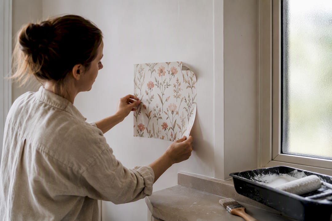 Hands testing peel-and-stick wallpaper on primed wall