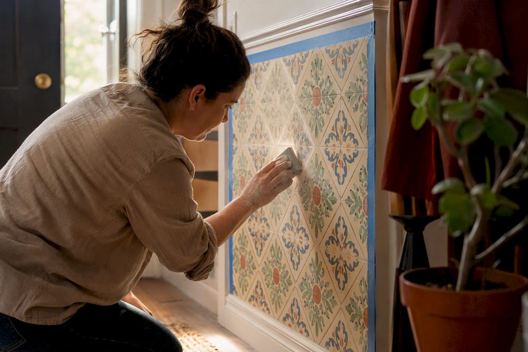 Hands sanding glazed tile wall